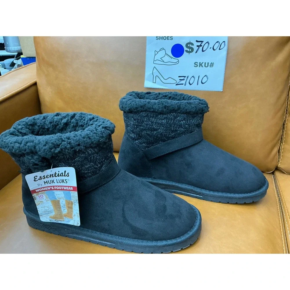 Muk Luks Ankle Boots Womens 10 Ebony New Faux Suede Fur Knit Trim